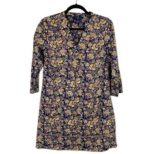April Cornell Boho Floral Cotton 3/4 Sleeve V Neck Dress XS Navy Blue Yellow